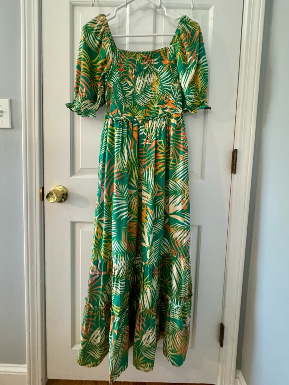 Betsey Johnson Green Tropical Print Smocked Maxi Dress - XS